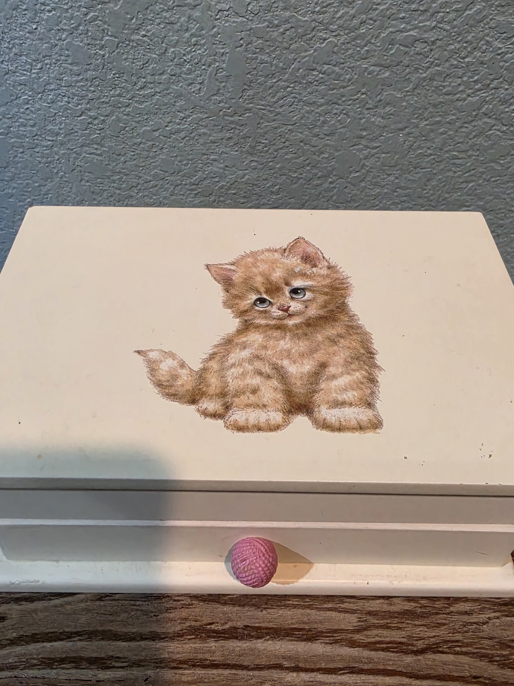 Vintage Kitty Cat Kitten Wooden Jewelry Box Trinket Storage Drawers Dresser